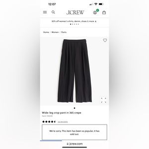 J.Crew 365 Crepe Wide Leg Cropped Black Pants size 8